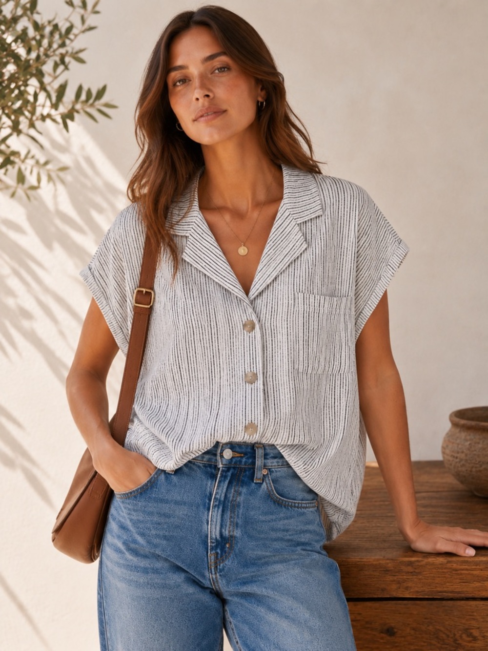 Westbound Linen Blend Striped Camp Shirt Women’s Large Coastal Cottagecore
